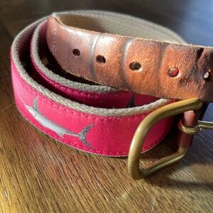 Preppy Men’s Belt Nautical Fish Pink Canvas & Leather Belt Brass Buckle Size 38